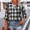 Blusa a quadri da donna con scollo a V e maniche lunghe
