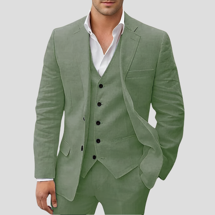 Completo in lino da uomo composto da tre pezzi: blazer, gilet e pantaloni