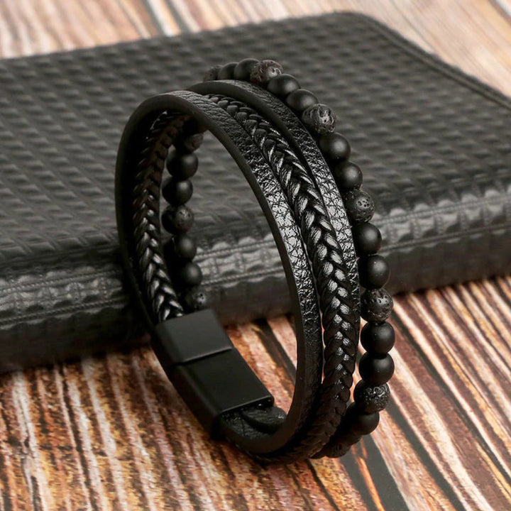 Bracciale da Uomo con Strati di Pelle e Perline di Pietra