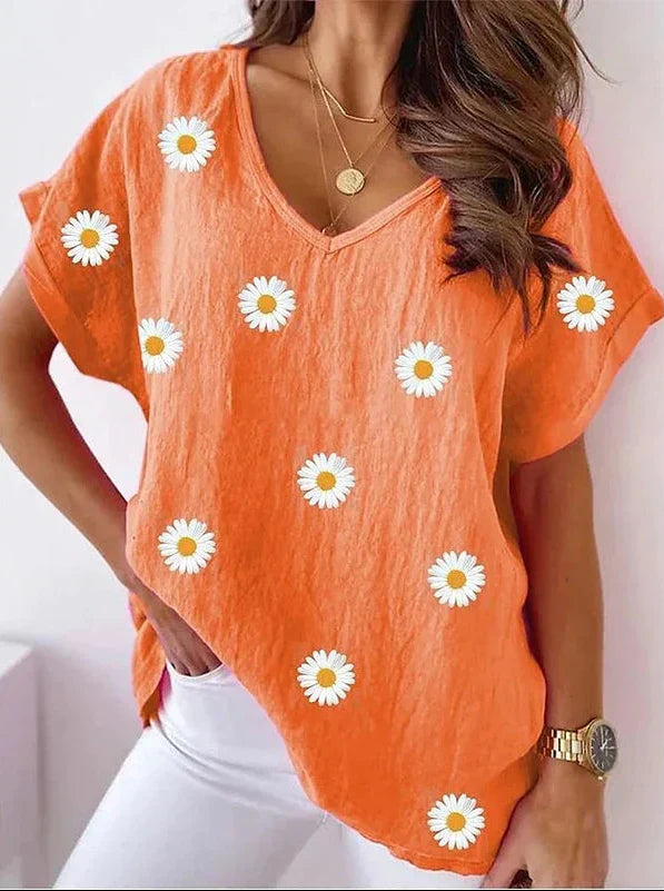 Maglietta casual con scollo a V e stampa floreale 3D