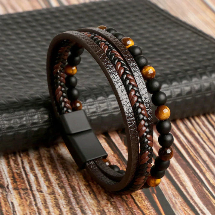 Bracciale da Uomo con Strati di Pelle e Perline di Pietra