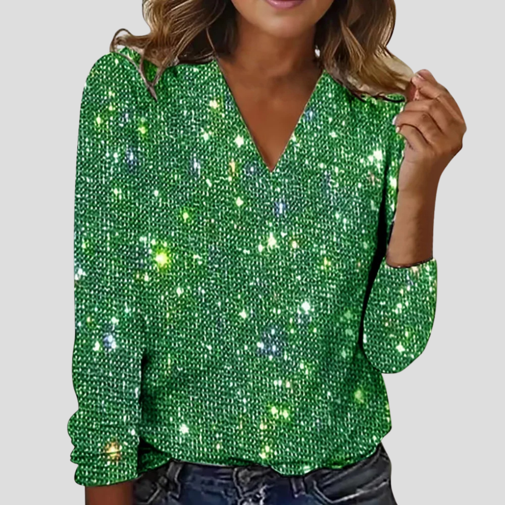 Elegante camicetta glitterata con scollo a V e maniche lunghe