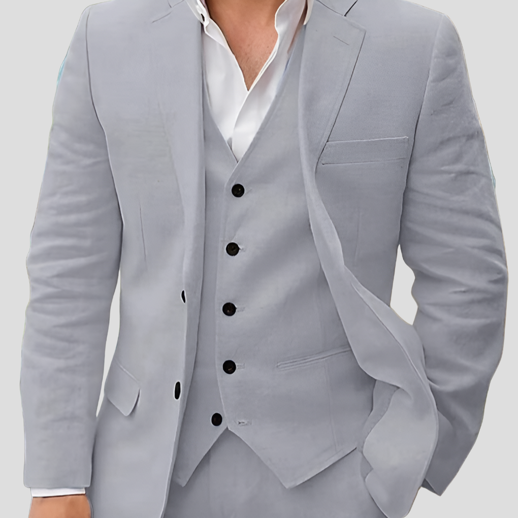 Completo in lino da uomo composto da tre pezzi: blazer, gilet e pantaloni