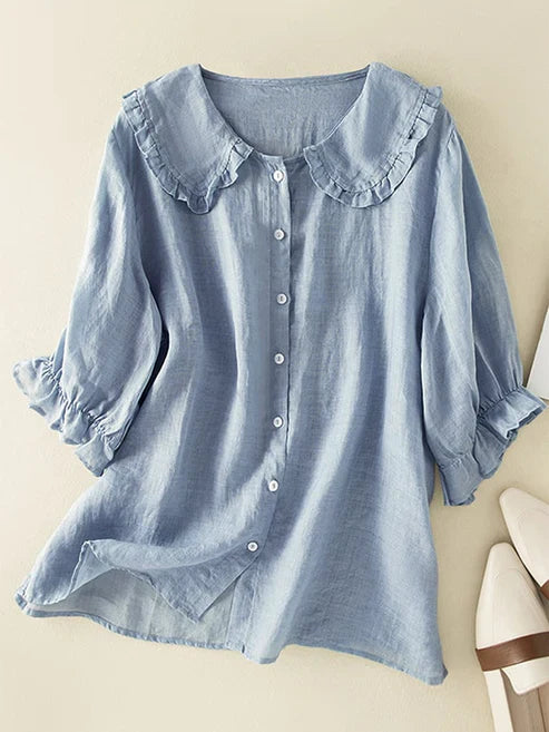 Camicia da donna in cotone e lino con collo Peter Pan arricciato
