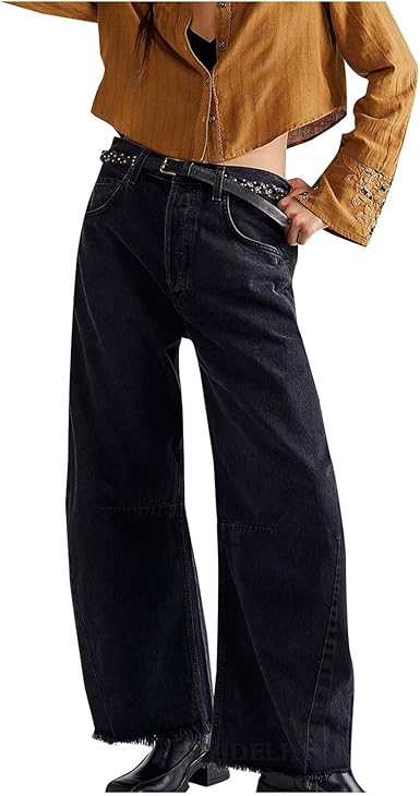 RelaxFit - Jeans Donna a Gamba Larga con Vita Alta e Orlo Sfilacciato