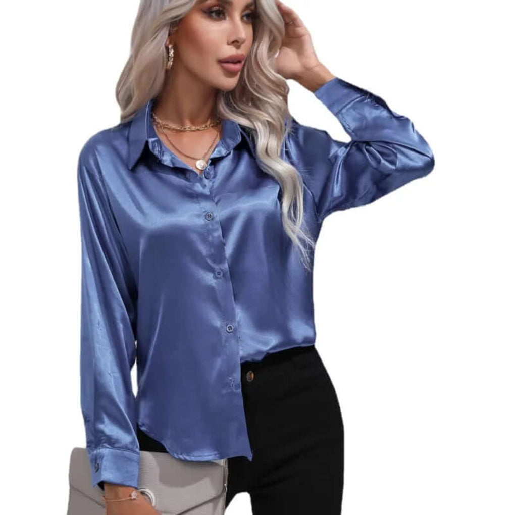 Blusa da donna in raso con maniche lunghe e vestibilità ampia