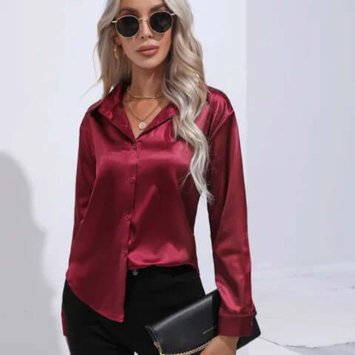 Blusa da donna in raso con maniche lunghe e vestibilità ampia