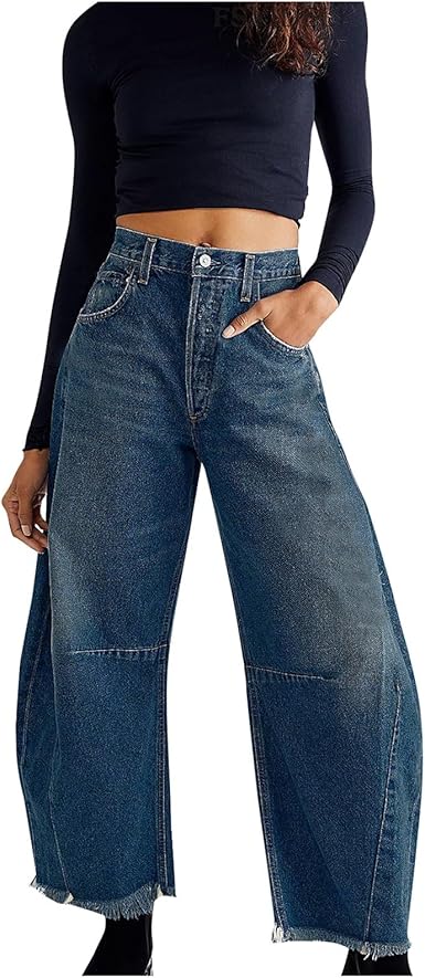 RelaxFit - Jeans Donna a Gamba Larga con Vita Alta e Orlo Sfilacciato