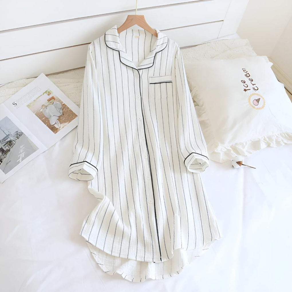Camicia da notte leggera in garza di cotone a righe da donna