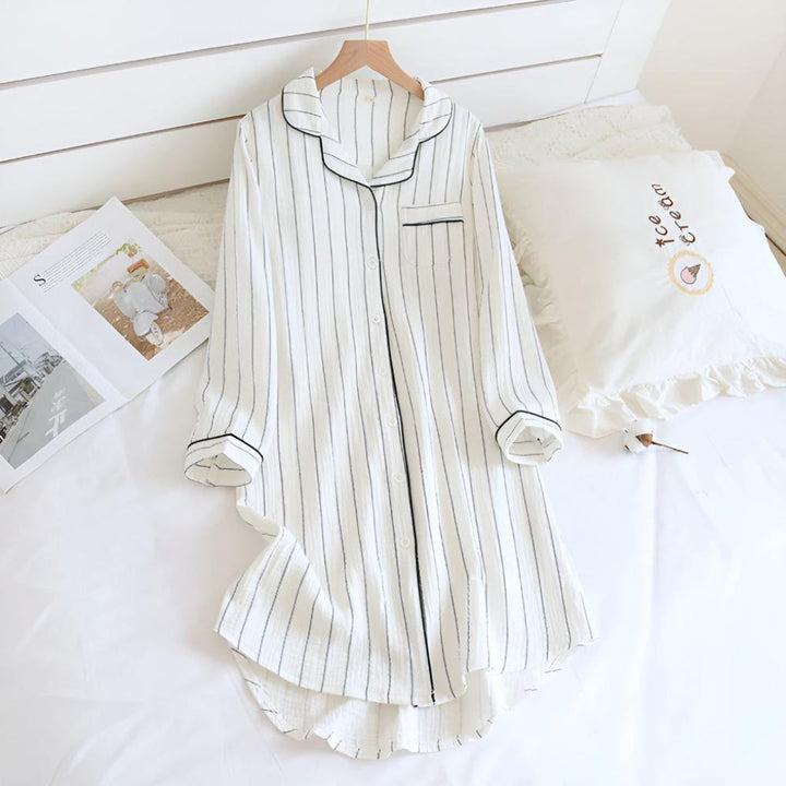 Camicia da notte leggera in garza di cotone a righe da donna