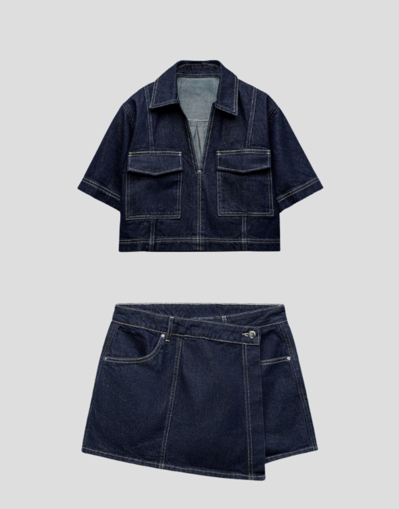 Completo in denim due pezzi con top e gonna