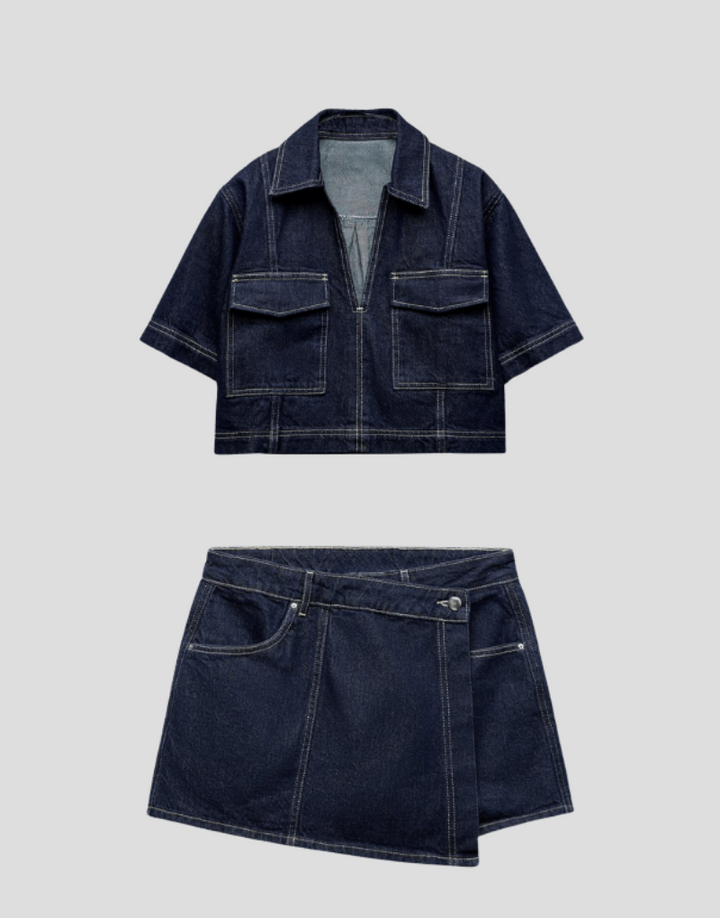 Completo in denim due pezzi con top e gonna