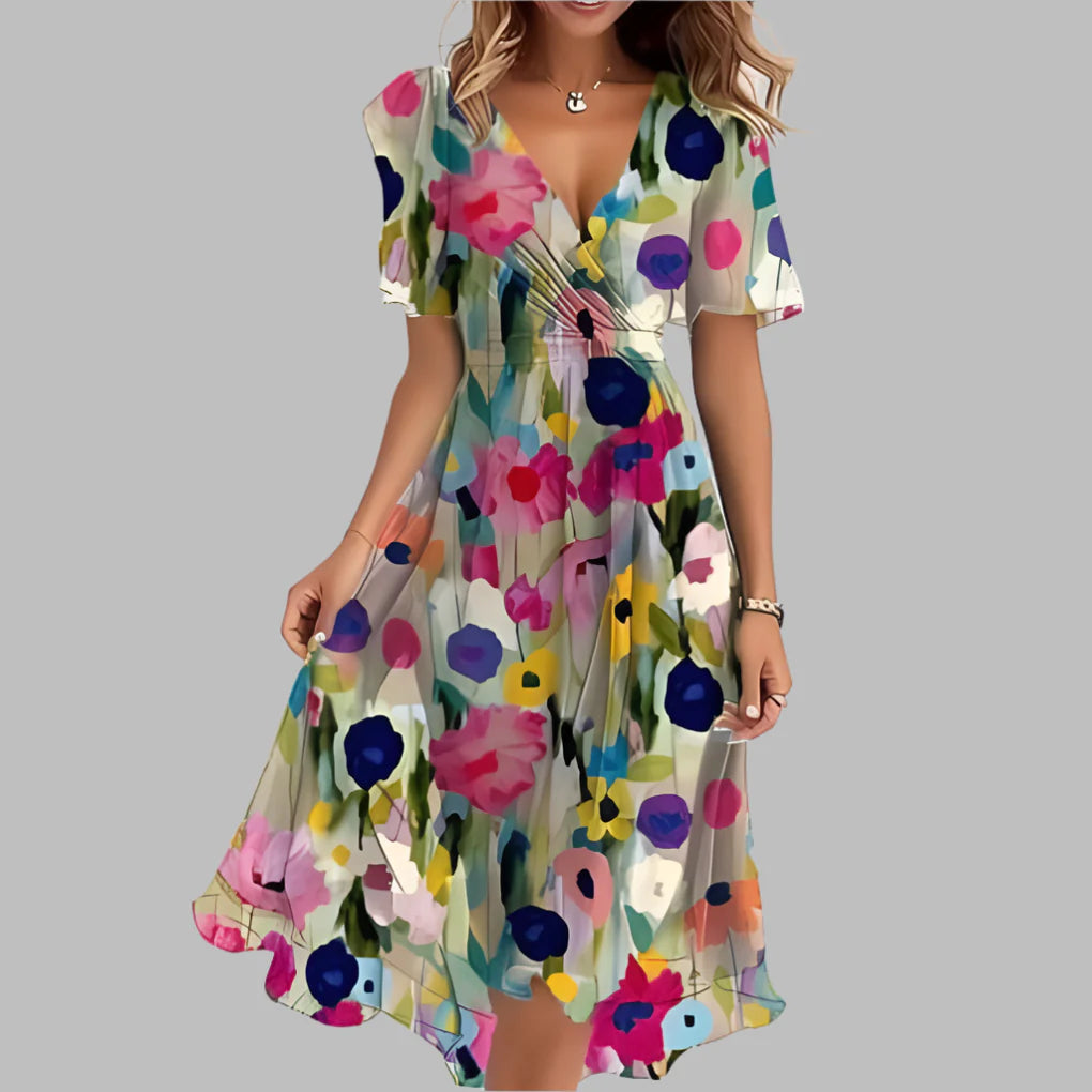 Elegante abito midi con balze floreali da donna