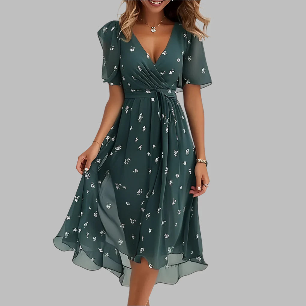 Elegante abito midi con balze floreali da donna