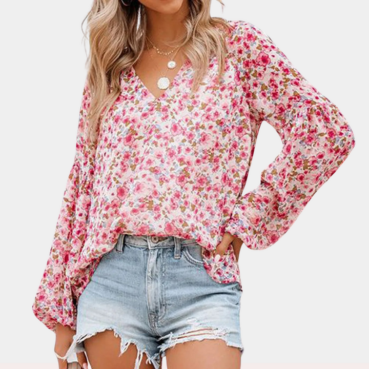 Camicetta in chiffon con scollo a V e maniche a lanterna
