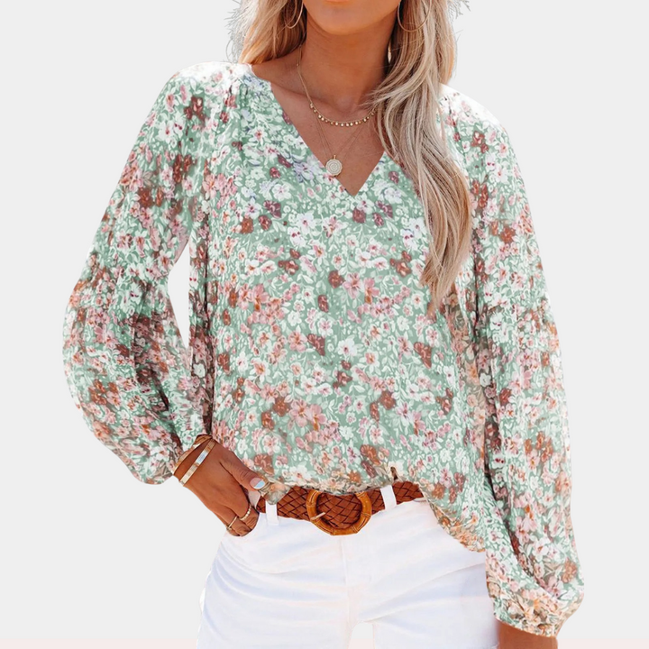 Camicetta in chiffon con scollo a V e maniche a lanterna