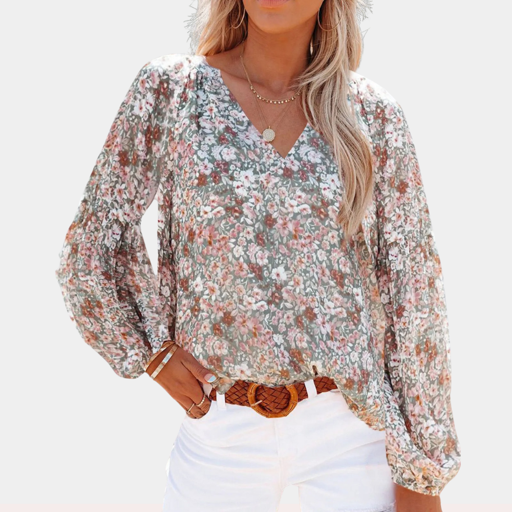 Camicetta in chiffon con scollo a V e maniche a lanterna