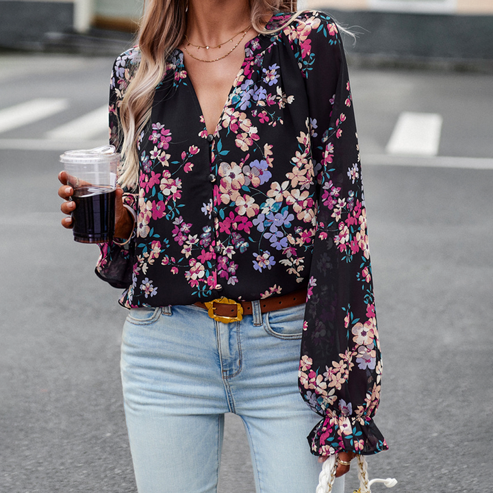Camicetta con stampa floreale e scollo a V per donna