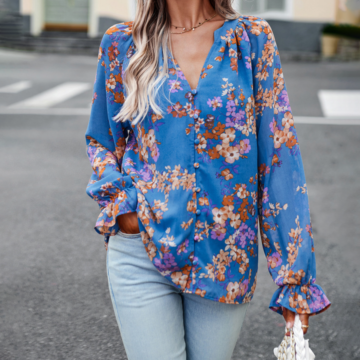 Camicetta con stampa floreale e scollo a V per donna