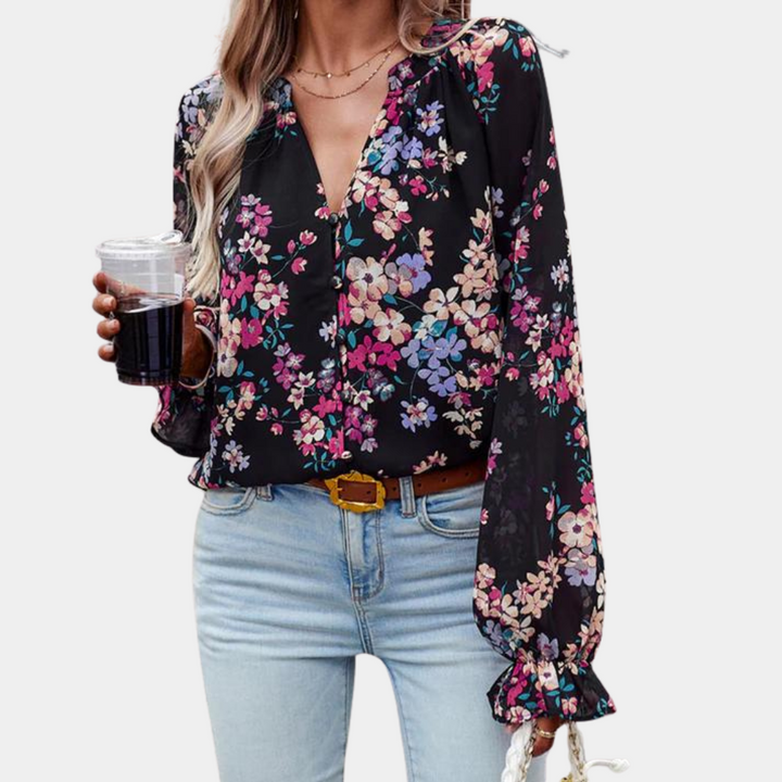 Camicetta floreale con scollo a V per donna