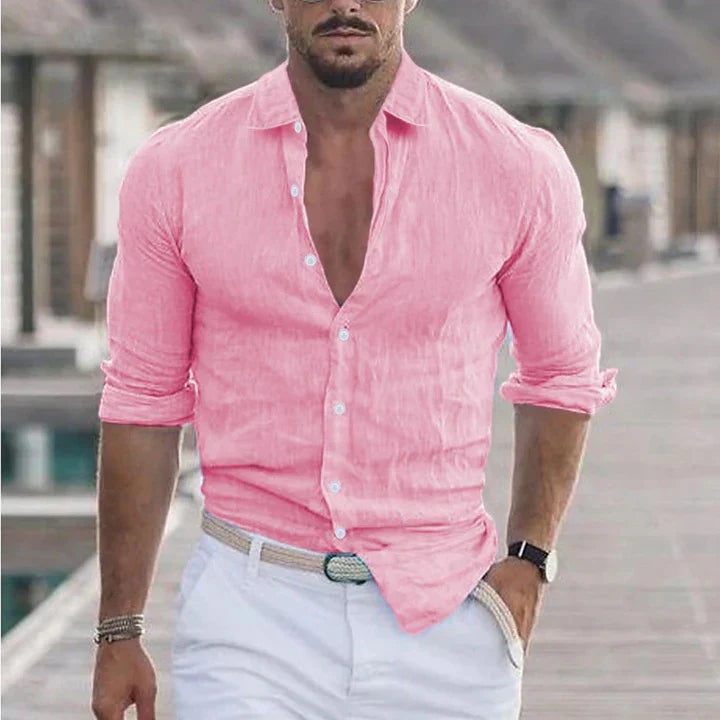 Camicia da uomo in lino con colletto risvoltato