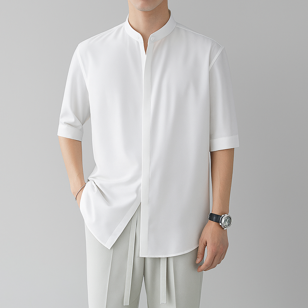 Camicia da uomo a maniche lunghe con colletto alla coreana