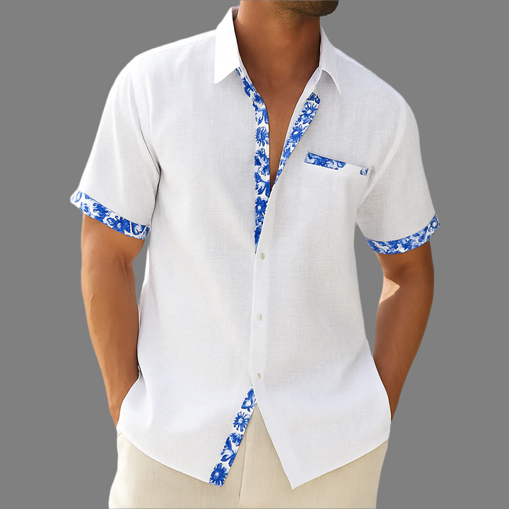 Camicia in lino traspirante con bottoni e finiture floreali (pre-vendita)