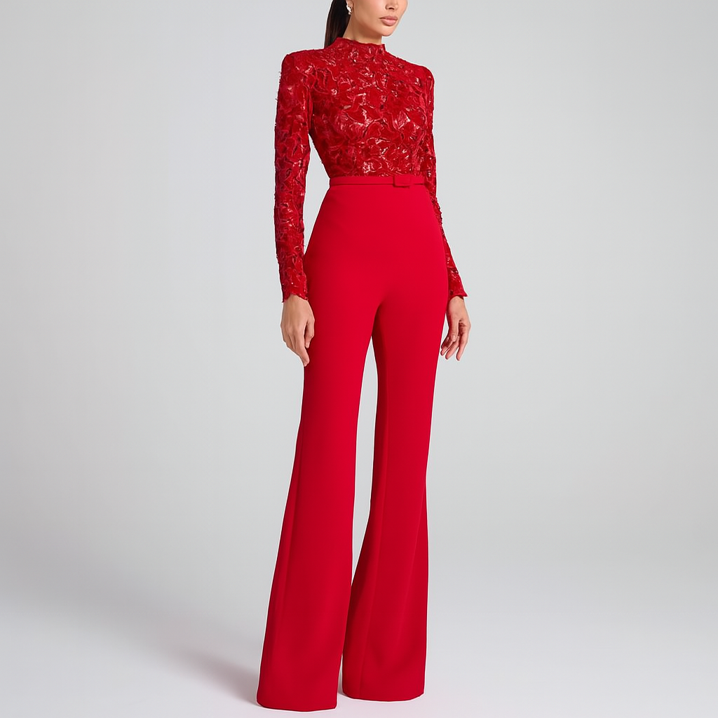 Tuta elegante con top in pizzo ricamato da donna