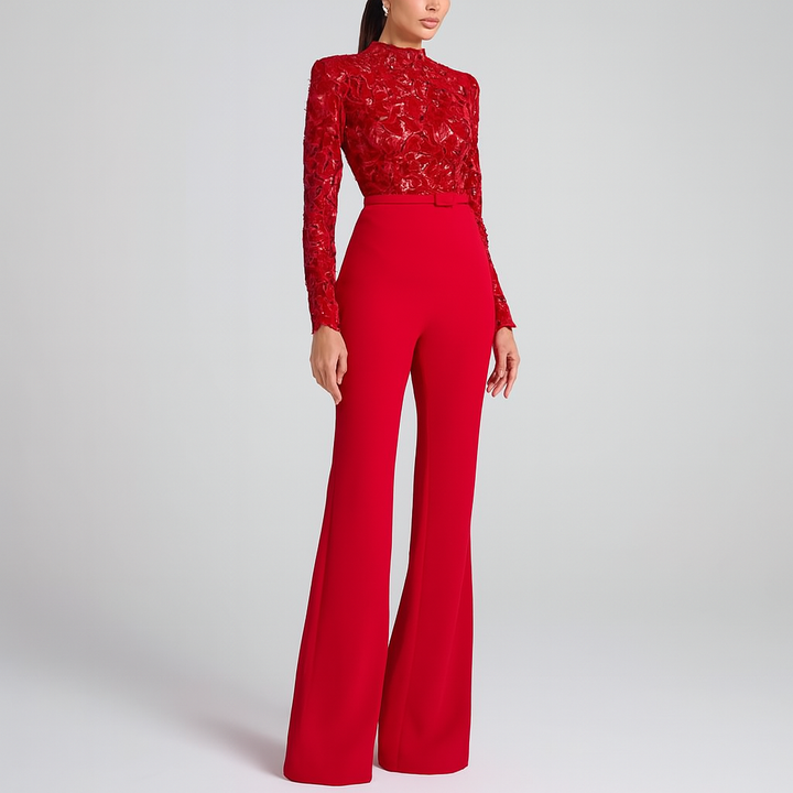 Tuta elegante con top in pizzo ricamato da donna