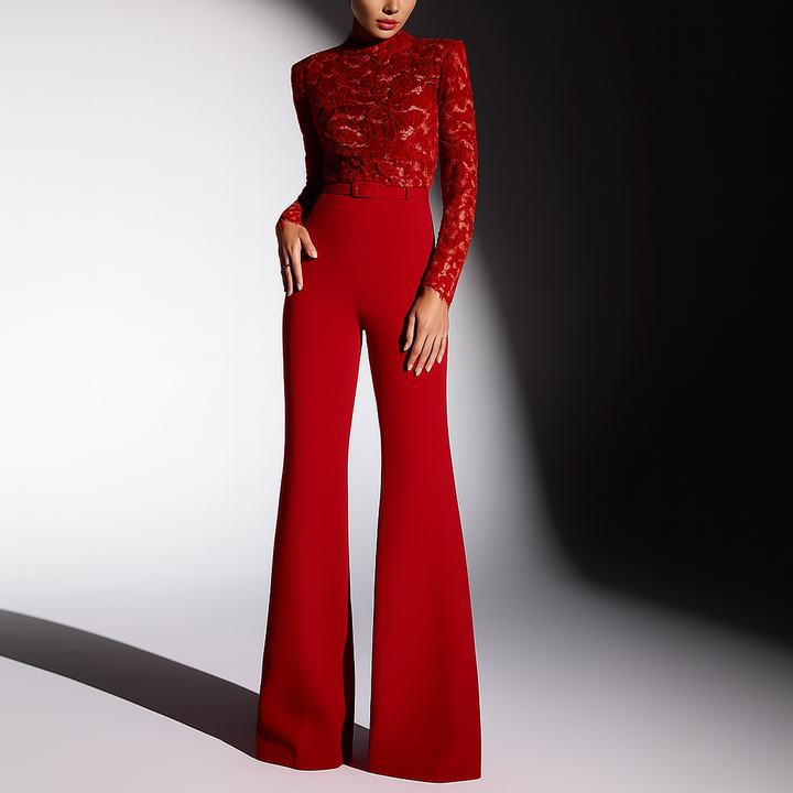 Tuta elegante con top in pizzo ricamato da donna