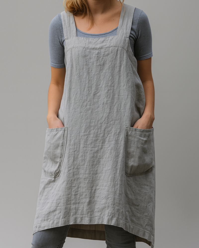 Abito da donna in cotone e lino con tasche in stile grembiule