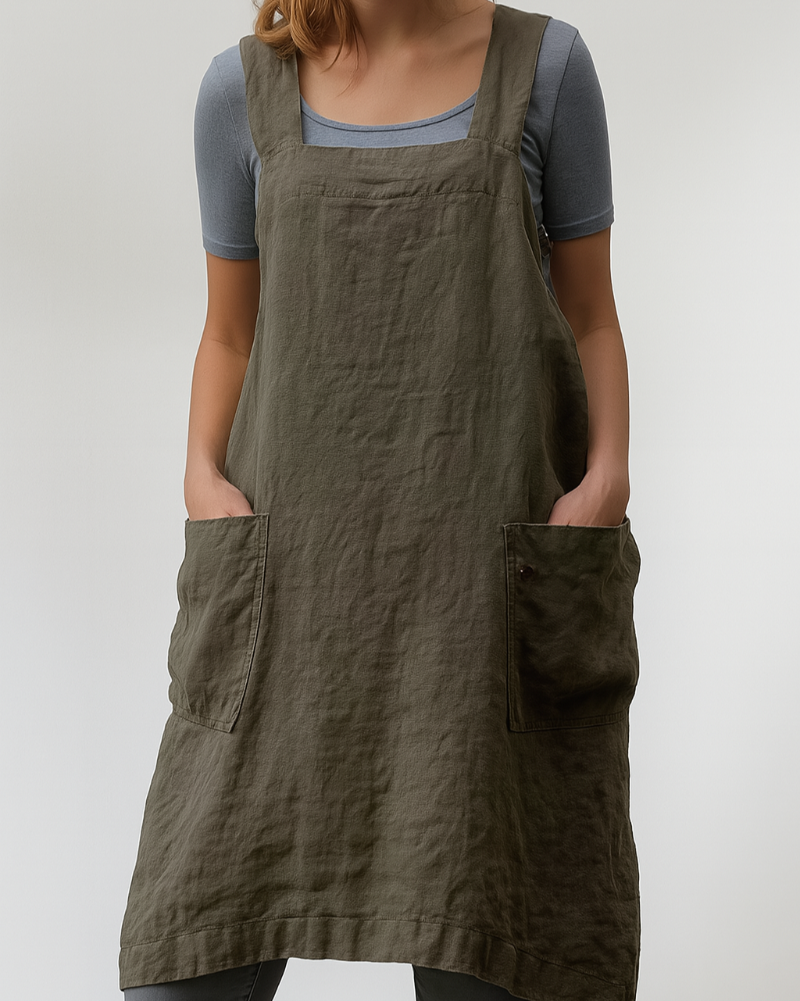 Abito da donna in cotone e lino con tasche in stile grembiule
