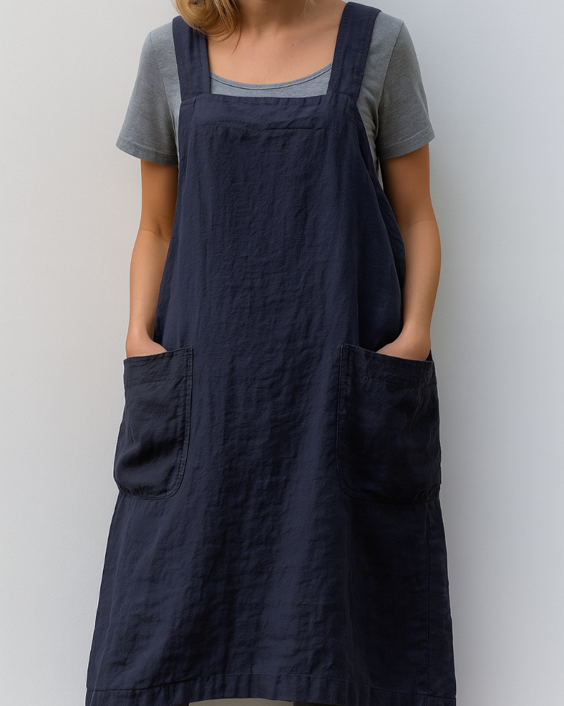Abito da donna in cotone e lino con tasche in stile grembiule