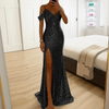 Elegante abito lungo con paillettes e spalle scoperte