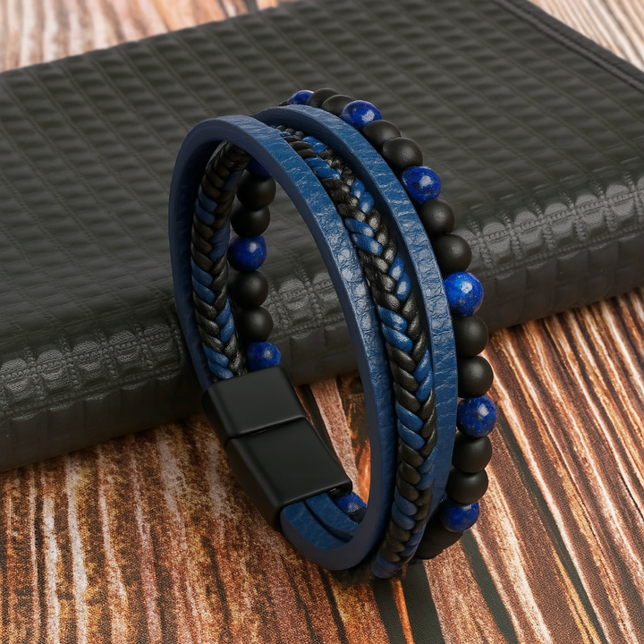 Bracciale da Uomo con Strati di Pelle e Perline di Pietra