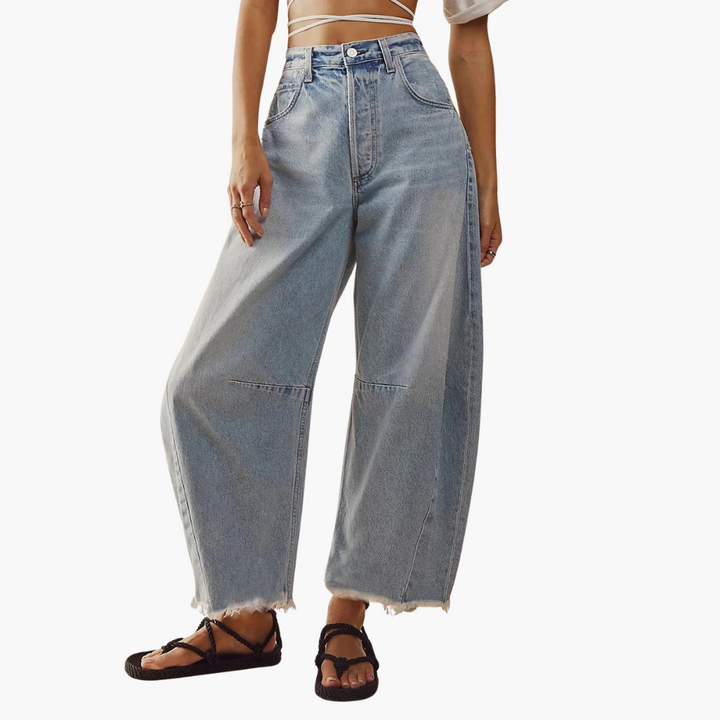 RelaxFit - Jeans Donna a Gamba Larga con Vita Alta e Orlo Sfilacciato