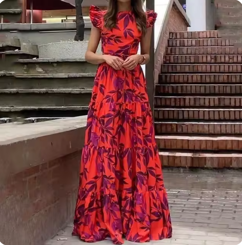 FogliaSole - Abito Maxi Donna A-Linea con Stampa Foglie e Maniche Ruffle