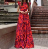 FogliaSole - Abito Maxi Donna A-Linea con Stampa Foglie e Maniche Ruffle