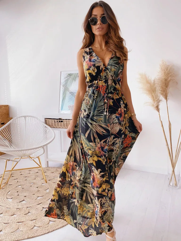 Tropica - Abito Maxi Donna Senza Maniche con Profondo V-Collo