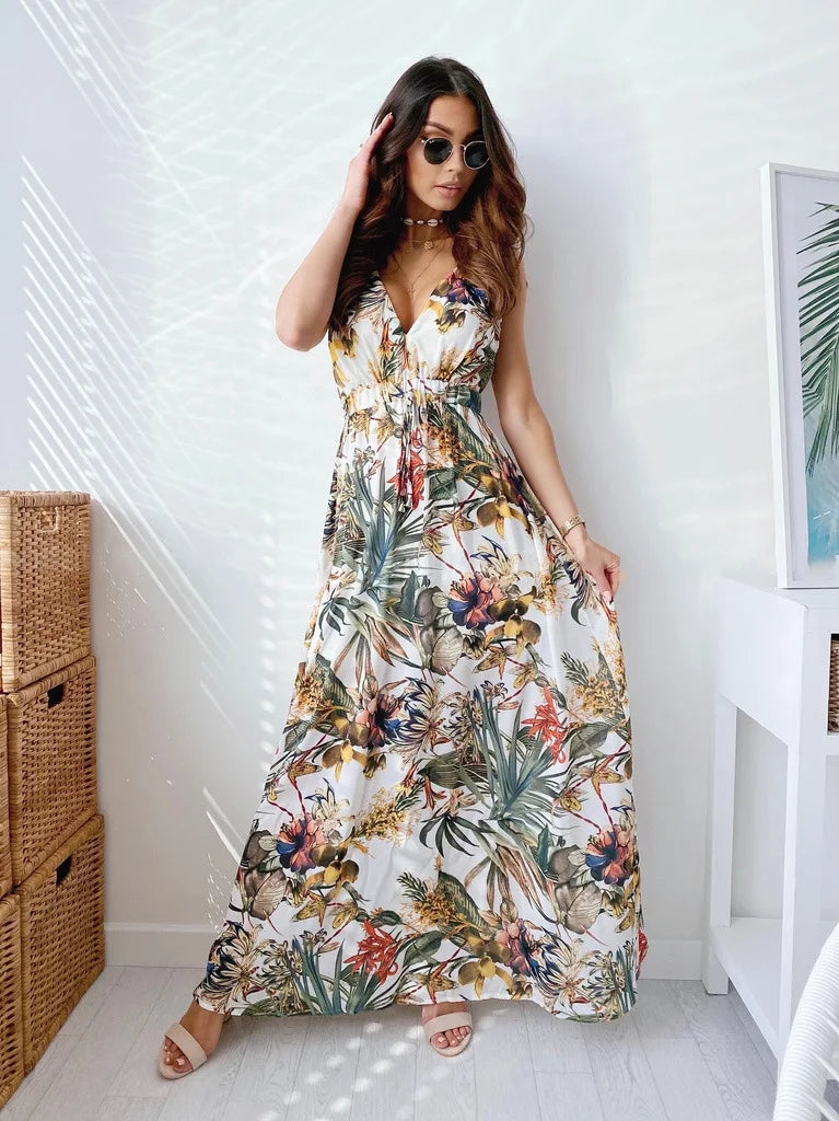 Tropica - Abito Maxi Donna Senza Maniche con Profondo V-Collo