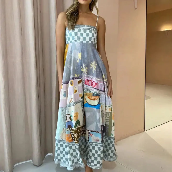 Solara - Abito Maxi Donna Senza Maniche con Motivo Grafico