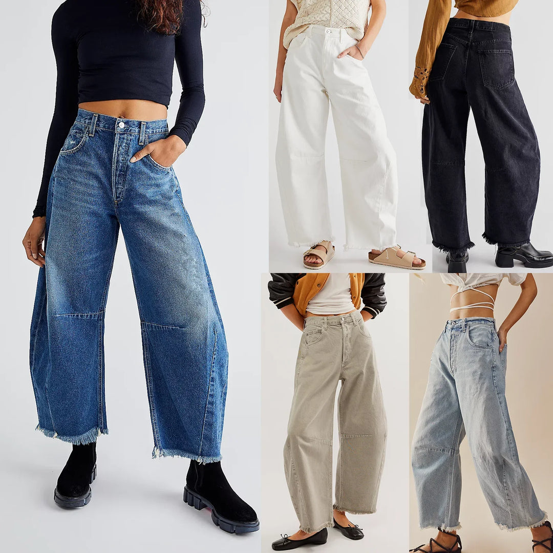 RelaxFit - Jeans Donna a Gamba Larga con Vita Alta e Orlo Sfilacciato