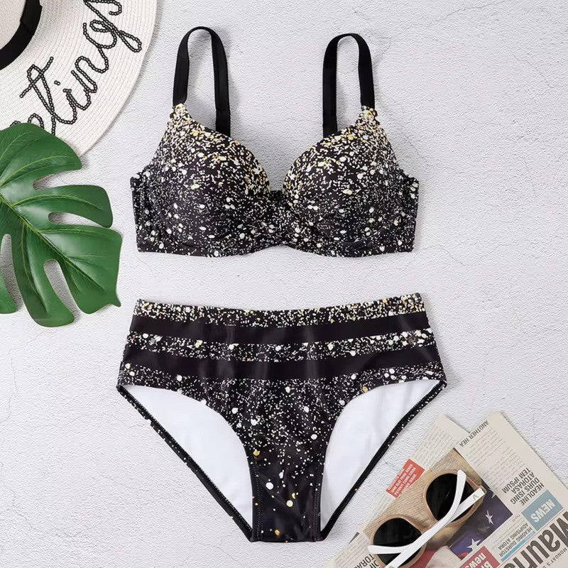 Bikini donna a vita alta con stampa a foglie