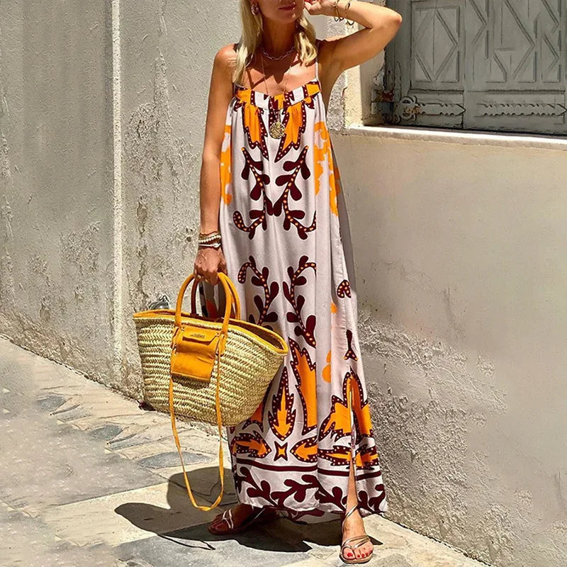 Solara - Abito Maxi Donna Senza Maniche con Motivo Grafico