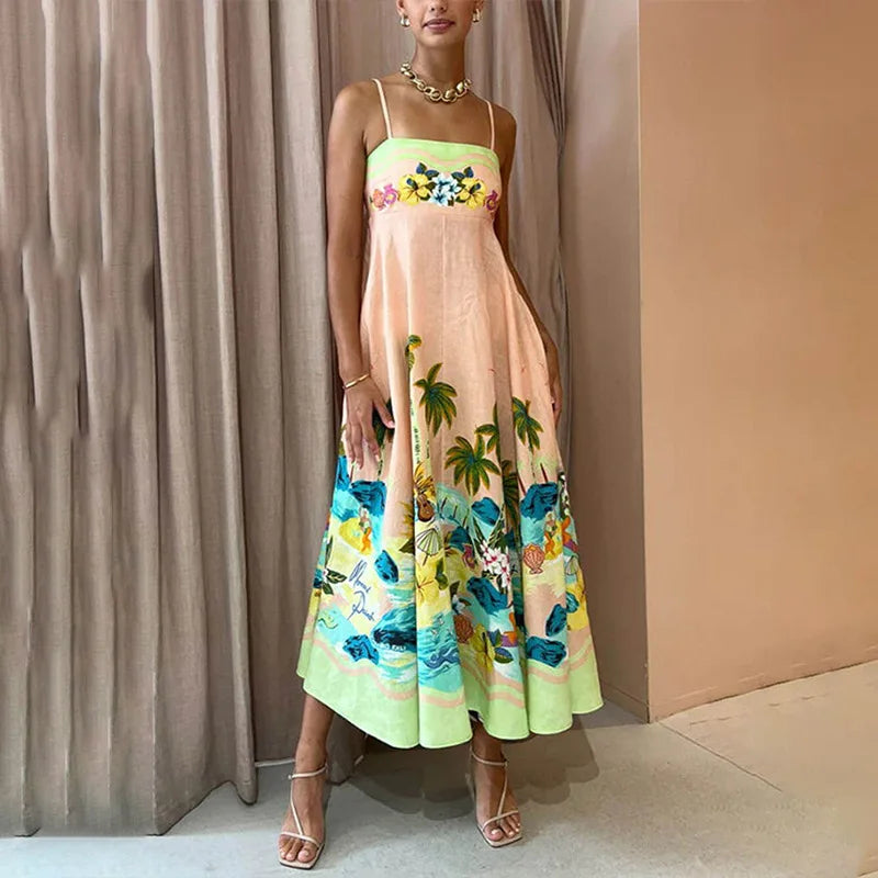 Solara - Abito Maxi Donna Senza Maniche con Motivo Grafico