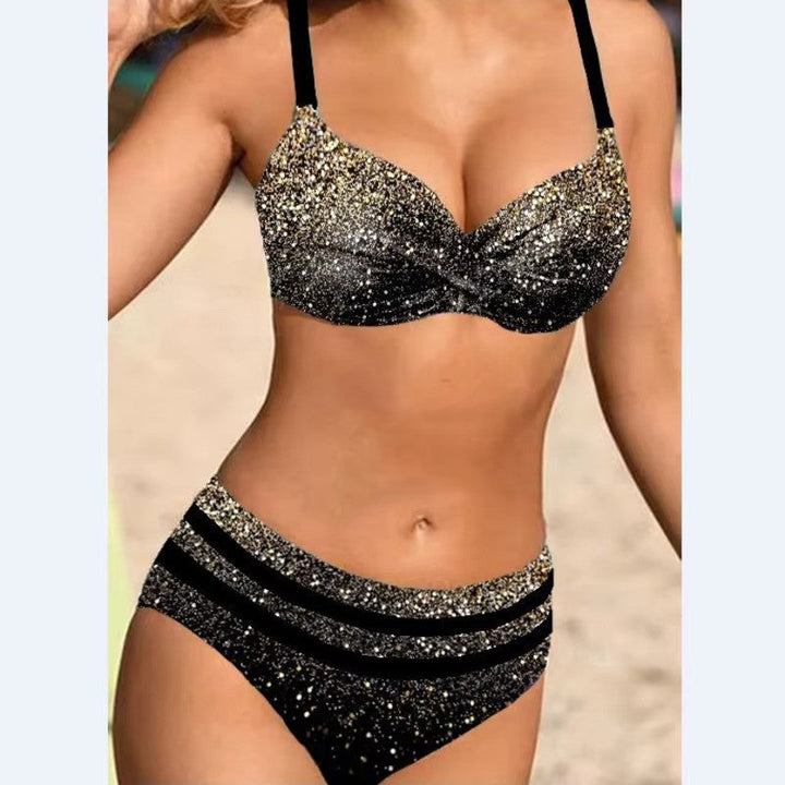 Bikini donna a vita alta con stampa a foglie