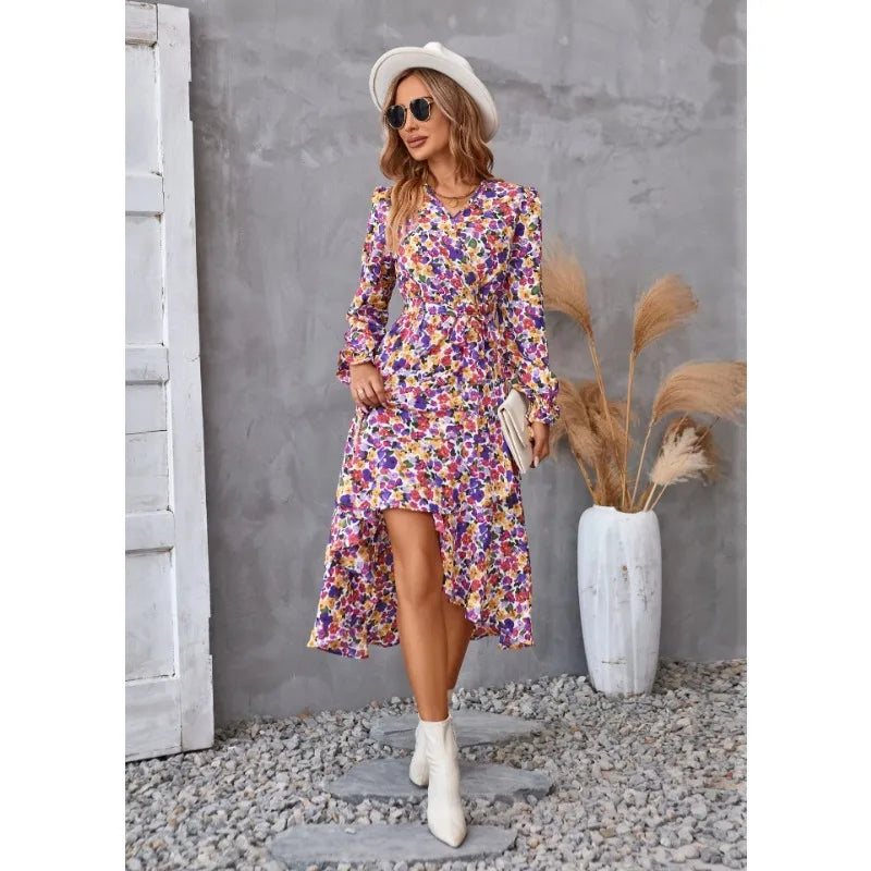 FloraLuxe - Abito Donna con Stampa Floreale e Collo a V