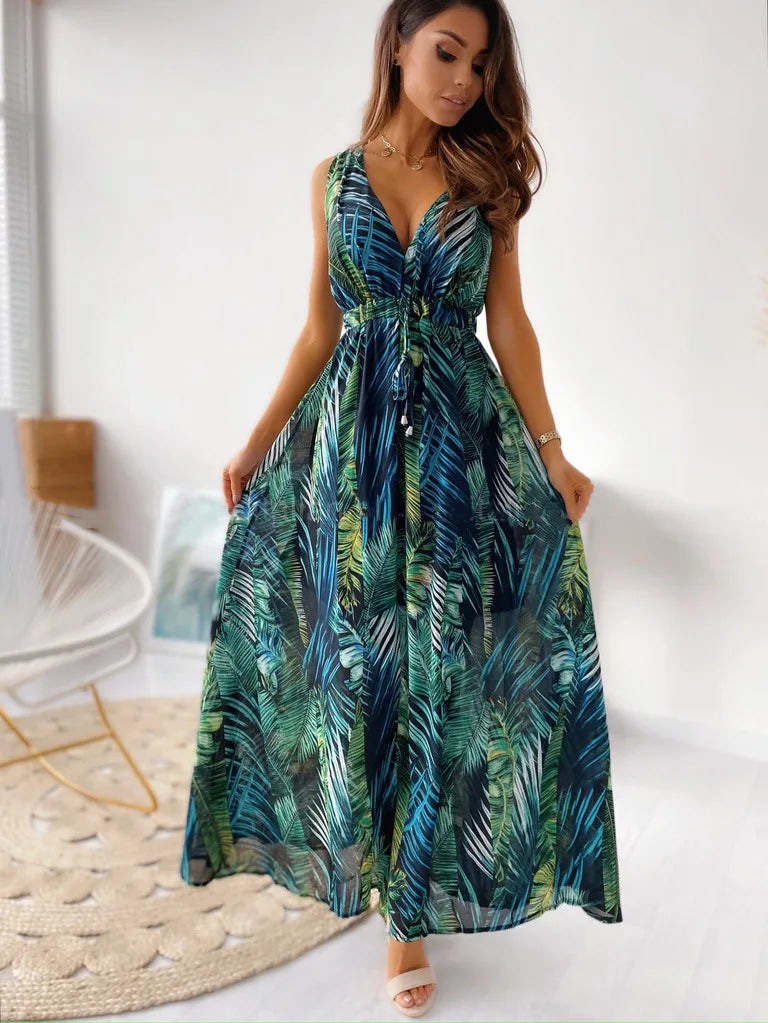 Tropica - Abito Maxi Donna Senza Maniche con Profondo V-Collo
