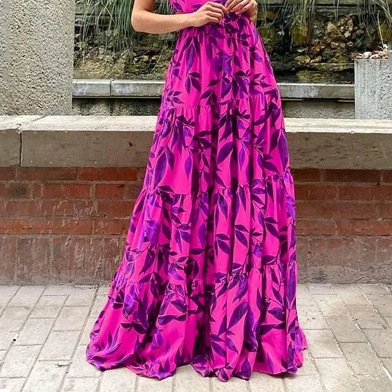 FogliaSole - Abito Maxi Donna A-Linea con Stampa Foglie e Maniche Ruffle