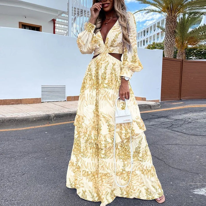 Elysia - Abito Maxi Donna con Scollatura a V e Dettagli Cut-out